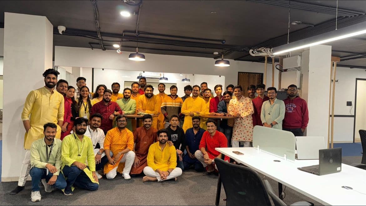 The whole Techdome team dressed up for a festival celebration in the office