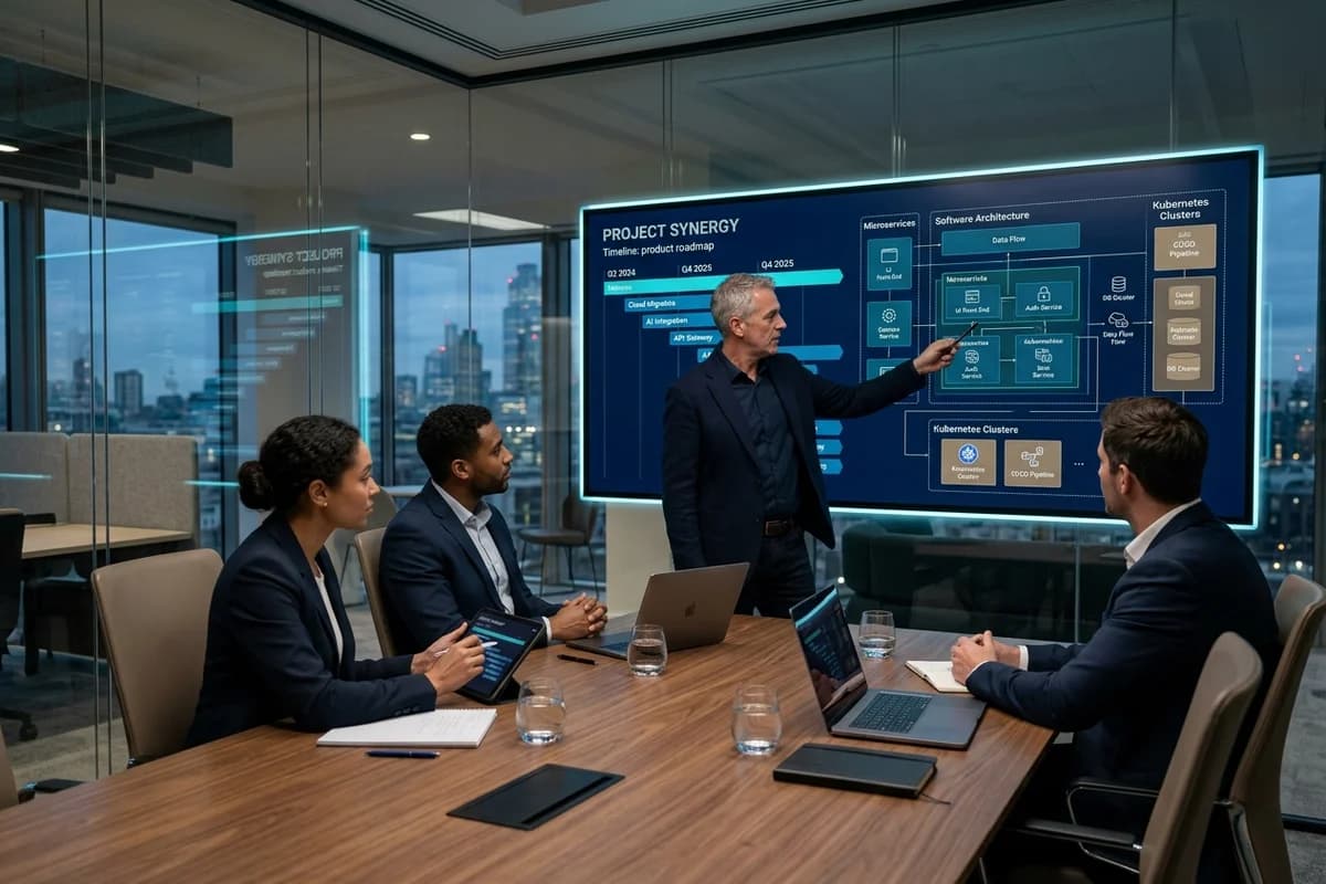 Techdome systems architects and technology leadership reviewing an engineering roadmap and software architecture in a modern boardroom