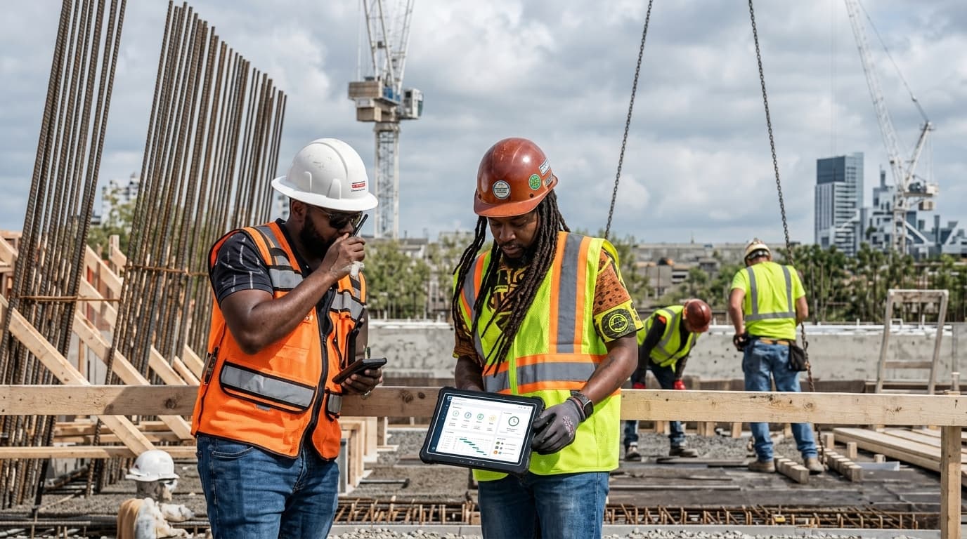 Two site workers reviewing a shift dashboard on a rugged tablet at a construction site.