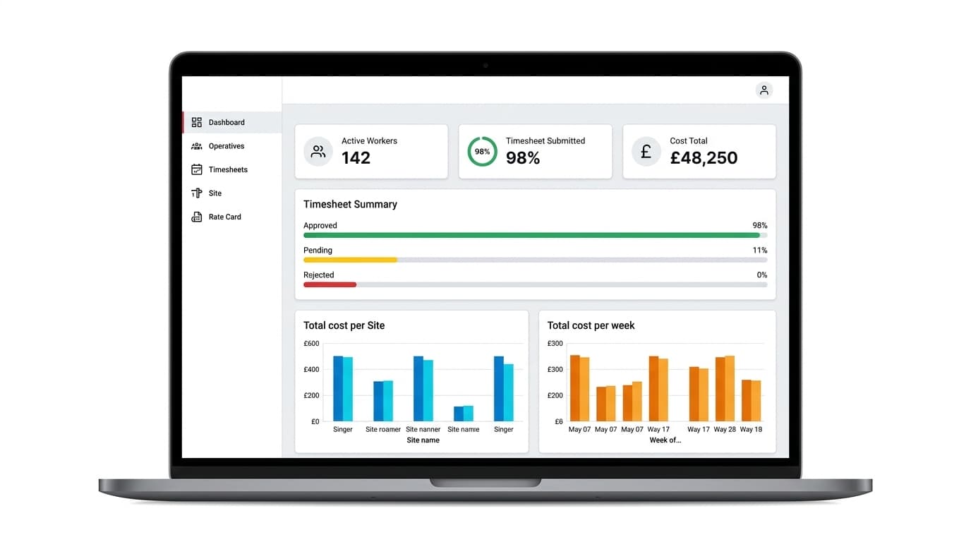 Executive dashboard showing active workers, timesheet submission status and cost charts per site and per week.