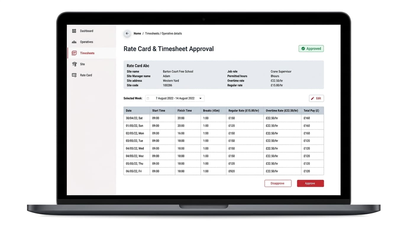 Rate card and timesheet approval screen showing a week of start and finish times, breaks, regular and overtime rates, total pay, and Approve and Disapprove buttons.