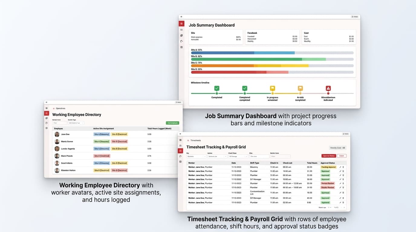 Three dashboards: a job summary with progress bars and milestones, a working employee directory, and a timesheet tracking and payroll grid.