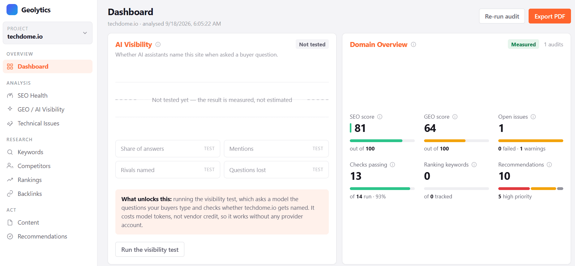 Geolytics dashboard — SEO score, GEO score, open issues and recommendations at a glance